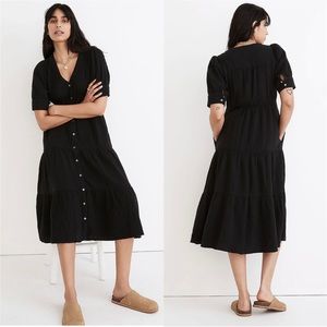 Madewell Dress Lightspun Button-Front Tiered Midi Short Sleeved Black 6